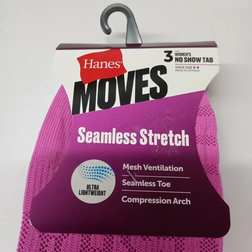 Hanes Moves No Show Tab Socks 6 Pairs Women's Size 5-9 Assorted Seamless Stretch